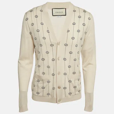Pre-owned Gucci Beige Gg Intarsia Wool Cardigan M In Sand