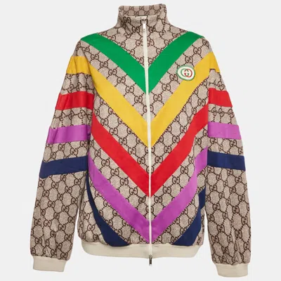 Pre-owned Gucci Beige Gg Rainbow Jersey Zip-up Jacket L In Sand