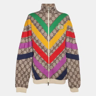 Pre-owned Gucci Beige Gg Rainbow Jersey Zip Up Jacket S In Sand