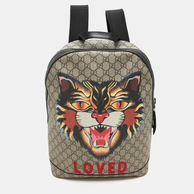 Pre-owned Gucci Beige Gg Soft Supreme Canvas Angry Cat Print Backpacks