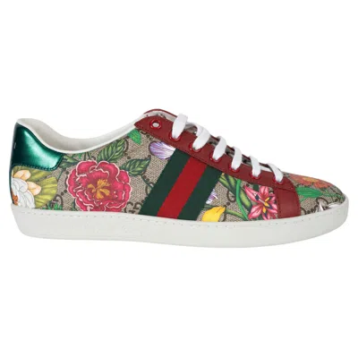 Pre-owned Gucci Beige Gg Supreme Canvas 2019 Ace Gg Floral Sneakers Shoes 38.5 In Brown