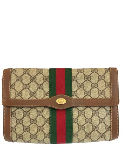 Gucci Beige Gg Supreme Canvas & Leather Clutch (authentic Pre-loved) In Brown