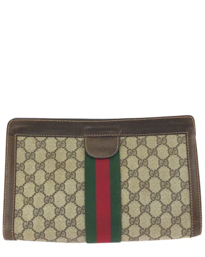 Gucci Beige Gg Supreme Canvas & Leather Clutch (authentic Pre-loved) In Brown