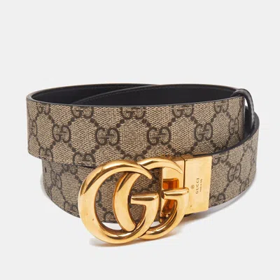 Pre-owned Gucci Beige Gg Supreme Canvas And Leather Gg Marmont Reversible Belt 85cm