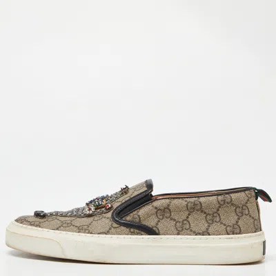 Pre-owned Gucci Beige Gg Supreme Canvas And Leather Slip On Sneakers Size 37