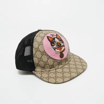 Pre-owned Gucci Beige Gg Supreme Canvas And Mesh Bosco Applique Baseball Cap M In Brown