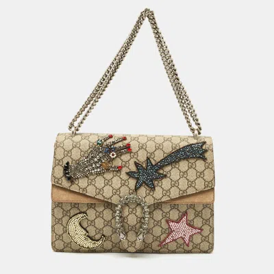 Pre-owned Gucci Beige Gg Supreme Canvas And Suede Medium Crystals Embellished Dionysus Shoulder Bag In Sand