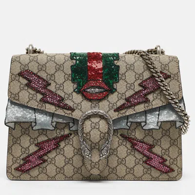 Pre-owned Gucci Beige Gg Supreme Canvas And Suede Medium Crystal/sequins Embellished Dionysus Shoulder Bag