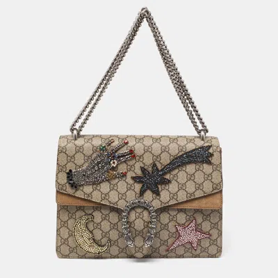 Pre-owned Gucci Beige Gg Supreme Canvas And Suede Medium Dionysus Embellished Shoulder Bag