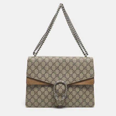Pre-owned Gucci Beige Gg Supreme Canvas And Suede Medium Dionysus Shoulder Bag In Sand