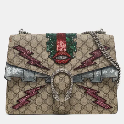 Pre-owned Gucci Beige Gg Supreme Canvas And Suede Medium Embellished Dionysus Shoulder Bag