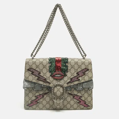 Pre-owned Gucci Beige Gg Supreme Canvas And Suede Medium Patchwork Crystal Dionysus Shoulder Bag In Sand