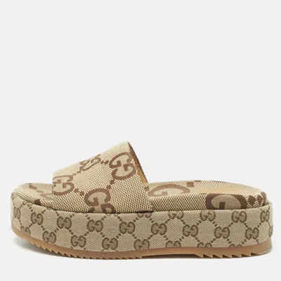 Pre-owned Gucci Beige Gg Supreme Canvas Angelina Platform Sandals Size 38