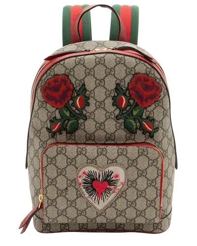 Pre-owned Gucci Beige Gg Supreme Canvas Embroidered Heart Roses Day Small Backpack  (authentic Pre-loved)