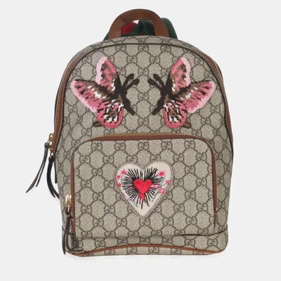 Pre-owned Gucci Beige Gg Supreme Canvas Web Butterfly Embroidered Small Day Backpack In Brown