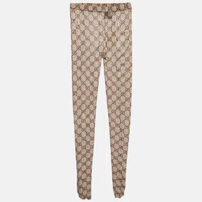 Pre-owned Gucci Beige Gg Supreme Monogram Print Nylon Mesh Tights L In Sand