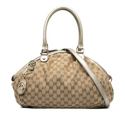 Pre-owned Gucci Beige Gold Canvas Leather Handbag Shoulder Bag () In Multi