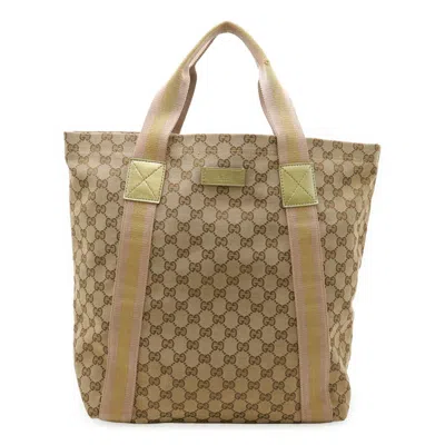 Pre-owned Gucci Beige Gold Khaki Pink Gg Canvas Leather Shoulder Bag Tote Bag ()