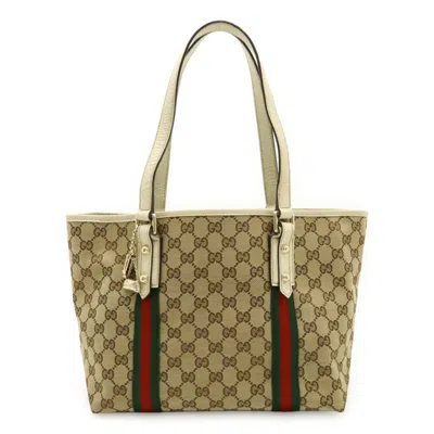 Pre-owned Gucci Beige Green Ivory Red Color Canvas Leather Shoulder Bag Tote Bag ()