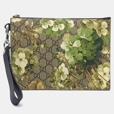 Pre-owned Gucci Beige Green Pvc Supreme Bloom Pouch In Sand