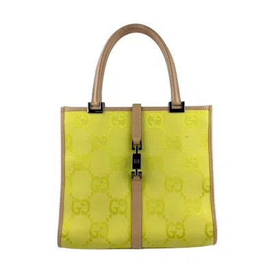 Pre-owned Gucci Beige Green Yellow Nylon Canvas Leather Handbag Shoulder Bag ()