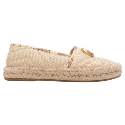 Pre-owned Gucci Beige  Raffia & Python Logo Espadrille Flats Size 37 In Brown