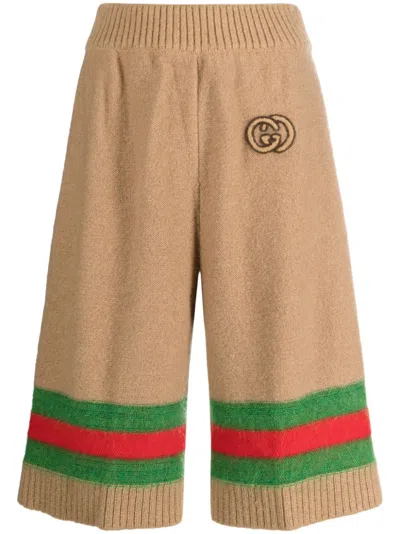 Gucci Beige High Waist Knit Shorts With Web Stripe Trim And Interlocking G Logo In Camel