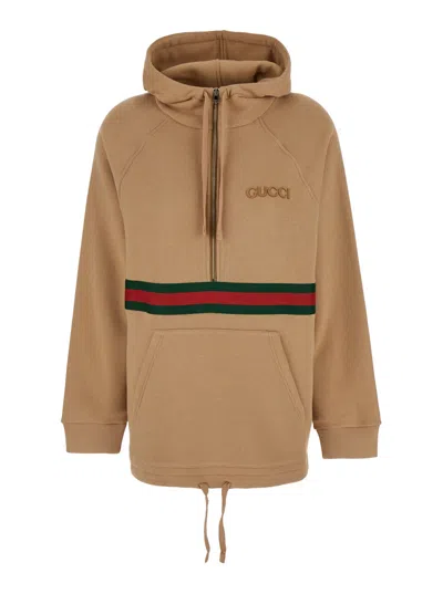 Gucci Beige Hoodie With Logo Lettering On The Front And Web Detail On The Front In Cotton Woman In Multicolor