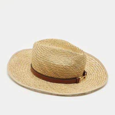 Pre-owned Gucci Beige Horsebit Leather Trim Straw Hat