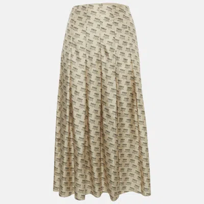 Pre-owned Gucci Beige Invite Stamp Print Silk Pleated Midi Skirt L In Sand
