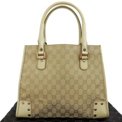 Pre-owned Gucci Beige Ivory Canvas Leather Handbag Tote Bag () In Multi
