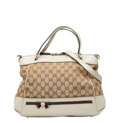 Pre-owned Gucci Beige Ivory Canvas Leather Shoulder Bag Tote Bag () In Multi