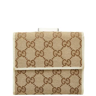 Pre-owned Gucci Beige Ivory Canvas Leather Wallet (bi-fold) () In Multi