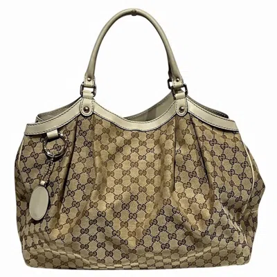 Pre-owned Gucci Beige Ivory Gg Canvas Leather Shoulder Bag Tote Bag () In Beige, Ivory