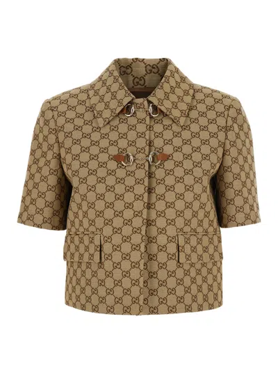 Gucci Beige Jacket With Spread Classic Collar And Horsebit On The Front In Gg Canvas Woman In Multicolor