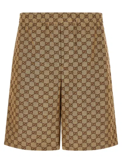 Gucci Men Beige Bermuda Shorts With Elastic Waist And All-over Gg Motif In Linen Blend Man In Brown