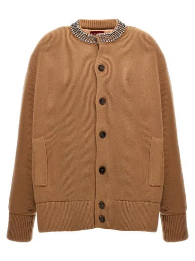 Gucci Embellished Neckline Cardigan Front Pockets In Brown