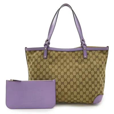 Pre-owned Gucci Beige Khaki Purple Gg Canvas Leather Shoulder Bag Tote Bag ()