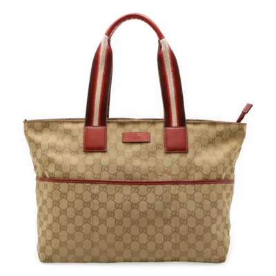 Pre-owned Gucci Beige Khaki Red Color Gg Canvas Leather Shoulder Bag Tote Bag ()