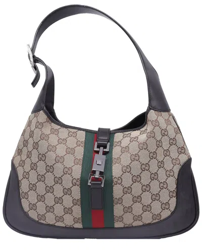 Gucci Beige Leather And Canvas Large Jackie 1961 Monogram Shoulder Bag (authentic Pre-loved)