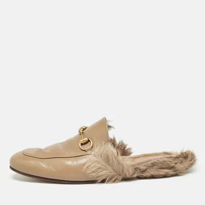 Pre-owned Gucci Beige Leather And Fur Princetown Flat Mules Size 44