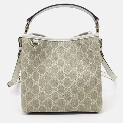 Pre-owned Gucci Beige Leather And Pvc Gg Emblem Small Bucket Bag In Sand