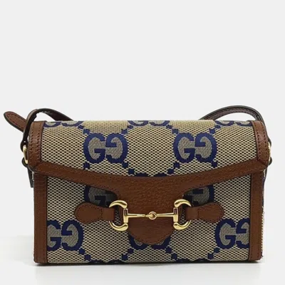 Pre-owned Gucci Beige Leather And Pvc Horsebit 1955 Mini Bag In Sand