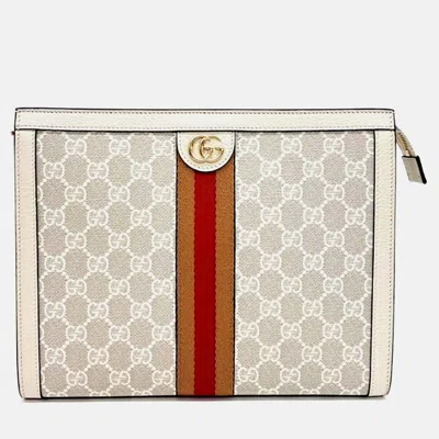 Pre-owned Gucci Beige Leather And Pvc Ophidia Clutch In Sand