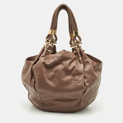 Pre-owned Gucci Beige Leather Braided Handle Hobo In Sand