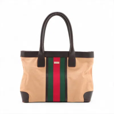 Pre-owned Gucci Beige Leather Canvas Handbag Tote Bag () In Sand