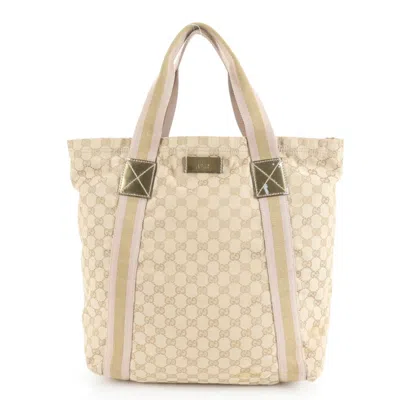 Pre-owned Gucci Beige Leather Canvas Tote Bag () In Sand