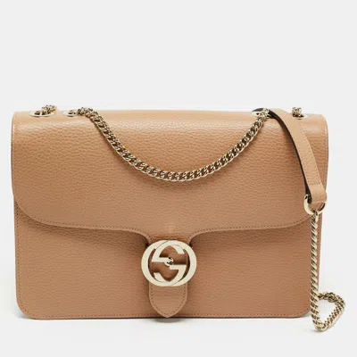 Pre-owned Gucci Beige Leather Dollar Interlocking G Shoulder Bag In Sand