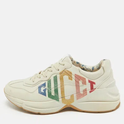 Pre-owned Gucci Beige Leather Glitter Logo Rhyton Sneakers Size 38
