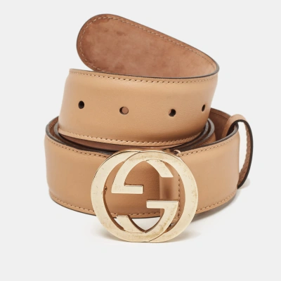 Pre-owned Gucci Beige Leather Interlocking G Buckle Belt 90 Cm
